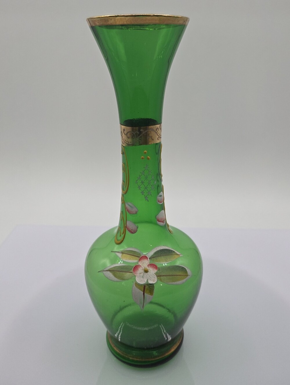 Vintage Blown Glass Bohemian Bud Vase Emerald Green Enameled Flowers Real Gold